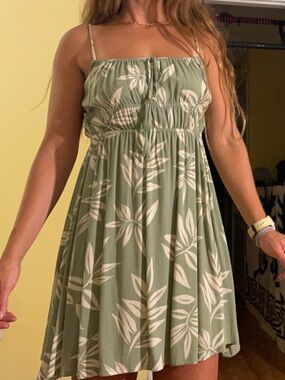 Roxy Sage Green Floral Mini Dress with White Leaf Print